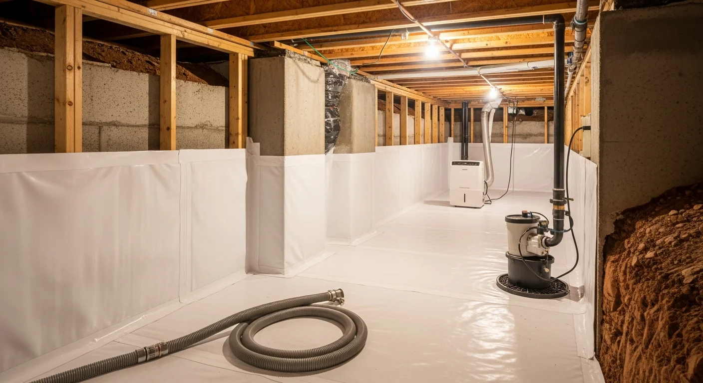 Crawlspace encapsulation with vapor barrier installed in Greenville SC home
