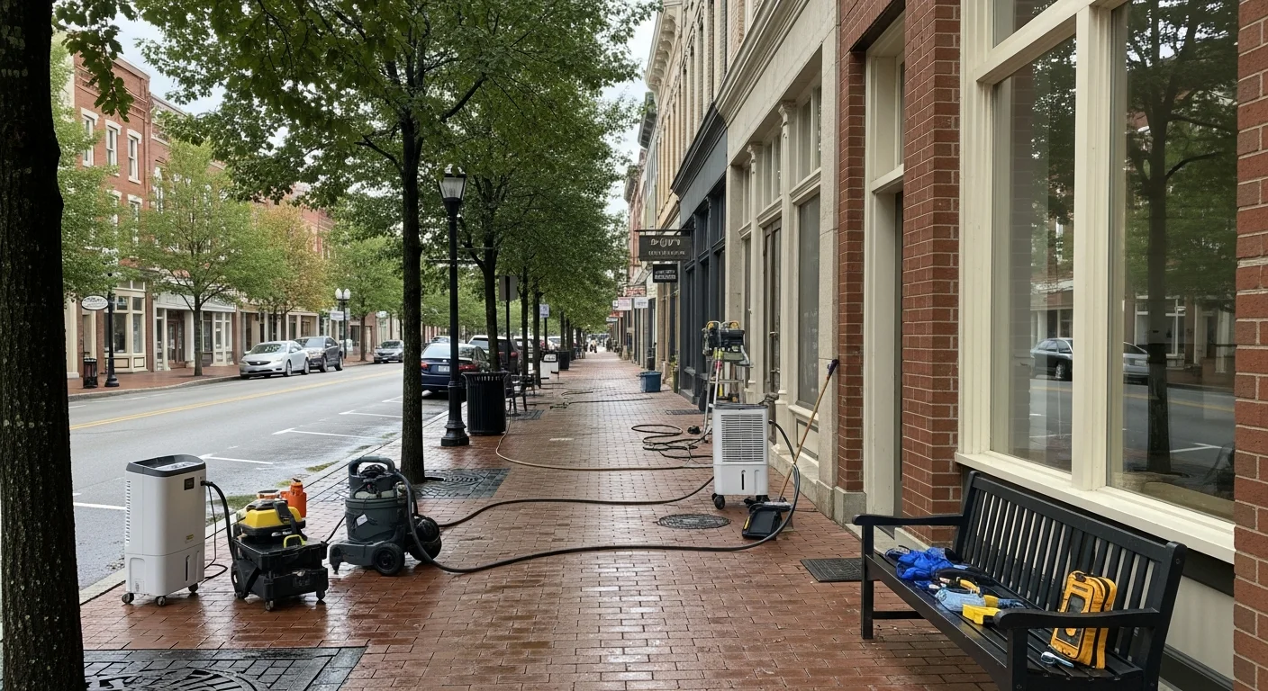 Greenville downtown street with historic brick buildings and tree-lined sidewalk during daytime.