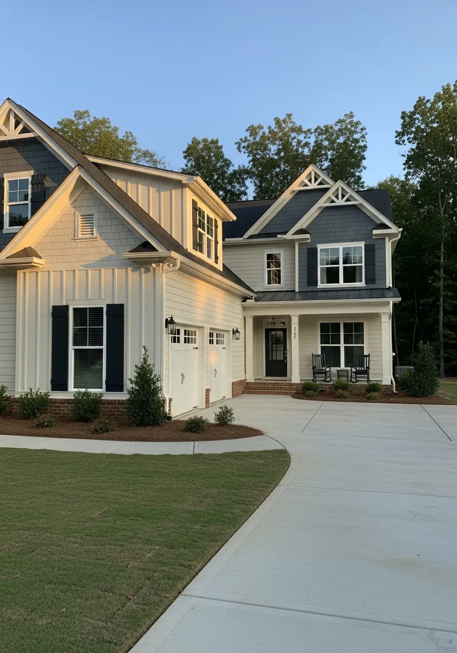 Close-up of residential home exterior with updated siding and landscaping in Simpsonville.