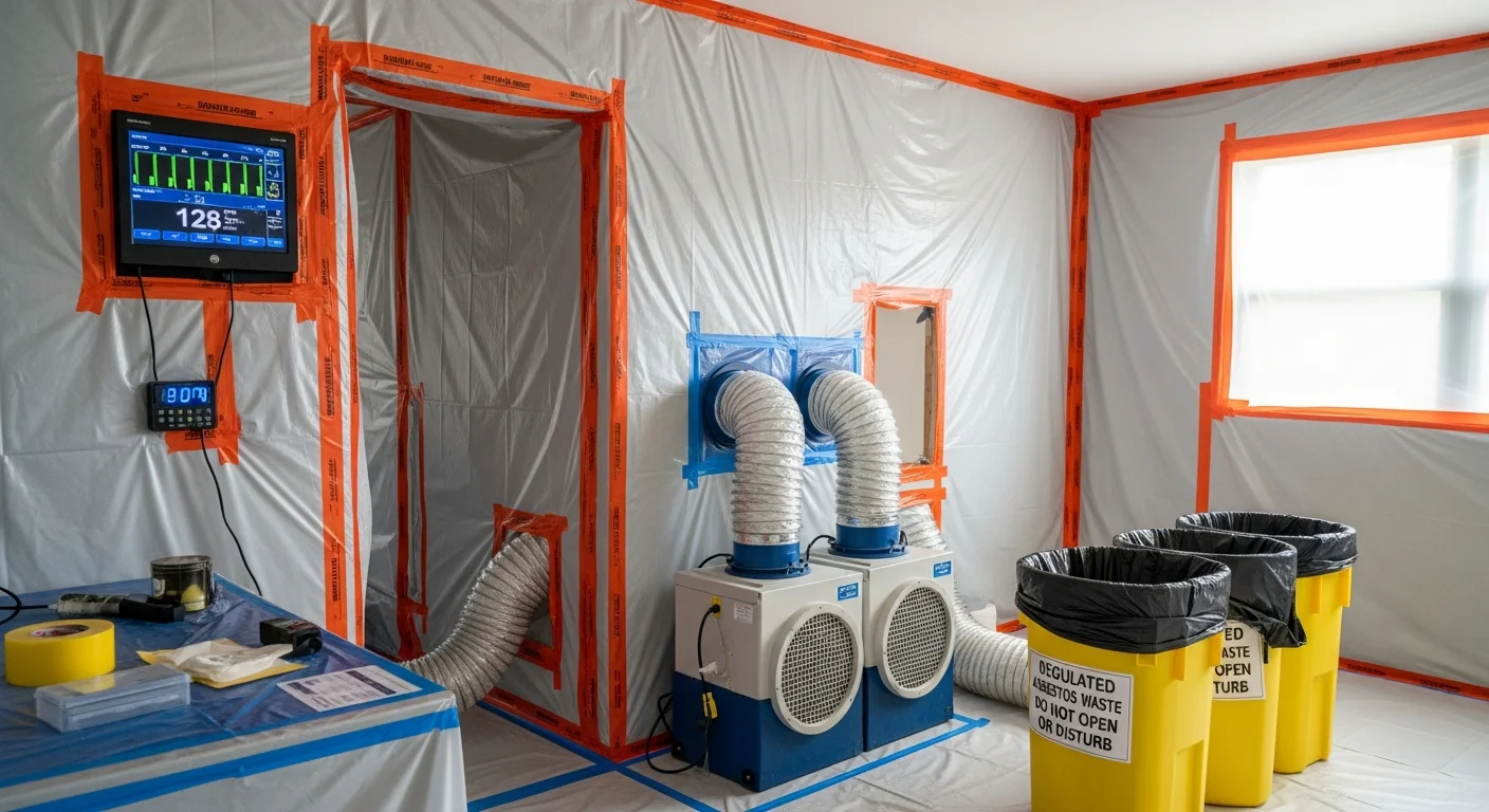 A licensed abatement technician in full protective gear removing asbestos-containing ceiling tiles inside an older Greenville, SC home. The work area is sealed with plastic containment sheeting to prevent fiber spread to adjacent rooms.