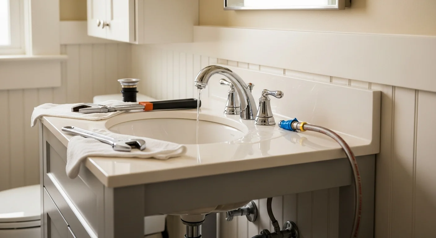 A newly installed bathroom vanity sink and faucet in a Greenville, SC home, with clean supply line connections visible beneath the basin. The surrounding tile and cabinetry show a finished remodel by Johnstone Restoration.