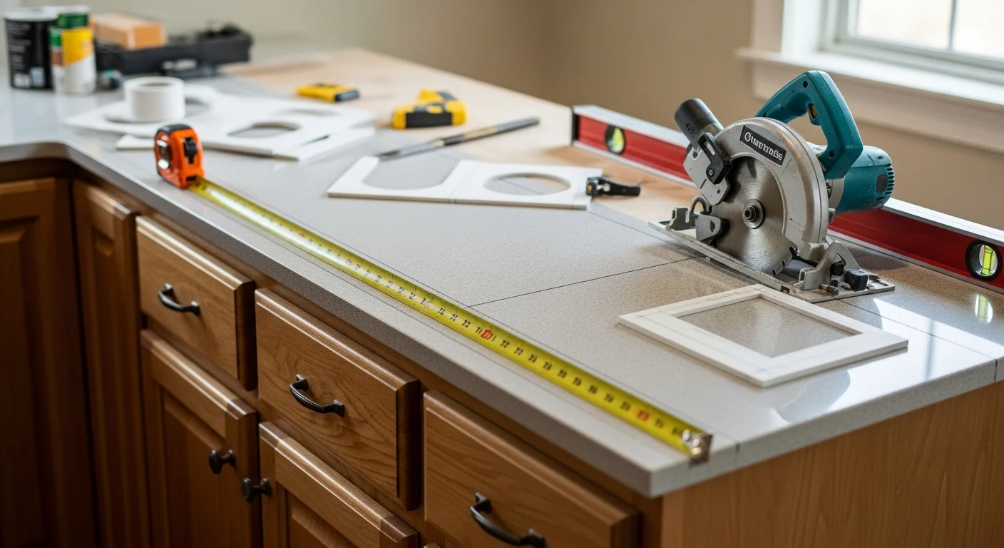 Newly installed kitchen countertop in a Greenville, SC home, showing clean edge cuts, a flush undermount sink fit, and updated surface material against existing cabinetry. The bathroom vanity in the background reflects a matching countertop replacement completed by Johnstone Restoration as part of the same project.