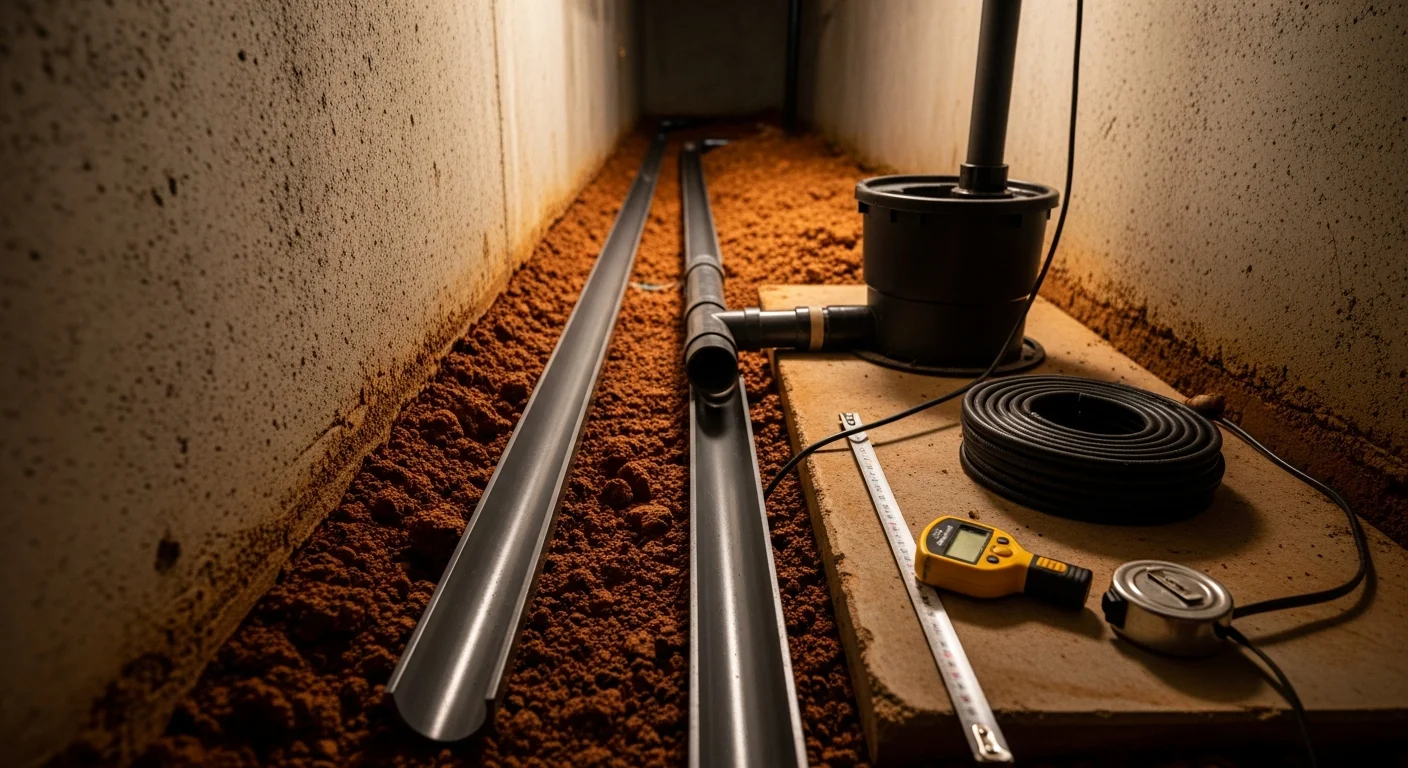 Interior view of a Greenville, SC crawlspace showing a newly installed perimeter drainage channel along the foundation wall. The crawlspace floor is dry and clear, with visible drain components routed toward a sump discharge point.