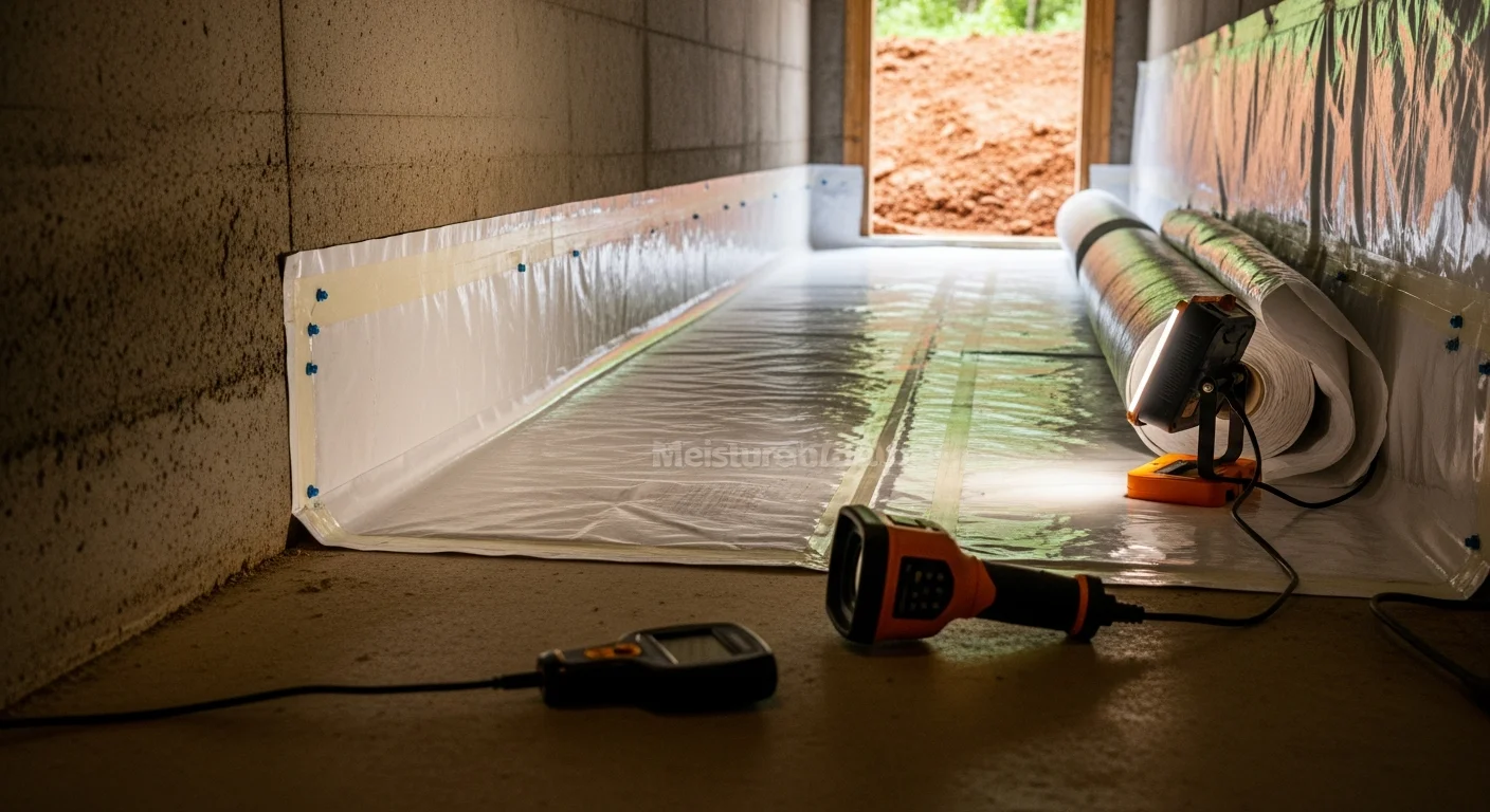 A freshly encapsulated crawlspace beneath a Greenville, SC home, showing a white heavy-duty vapor barrier sealed across the floor and foundation walls. The space is dry, clean, and free of visible mold or standing water.