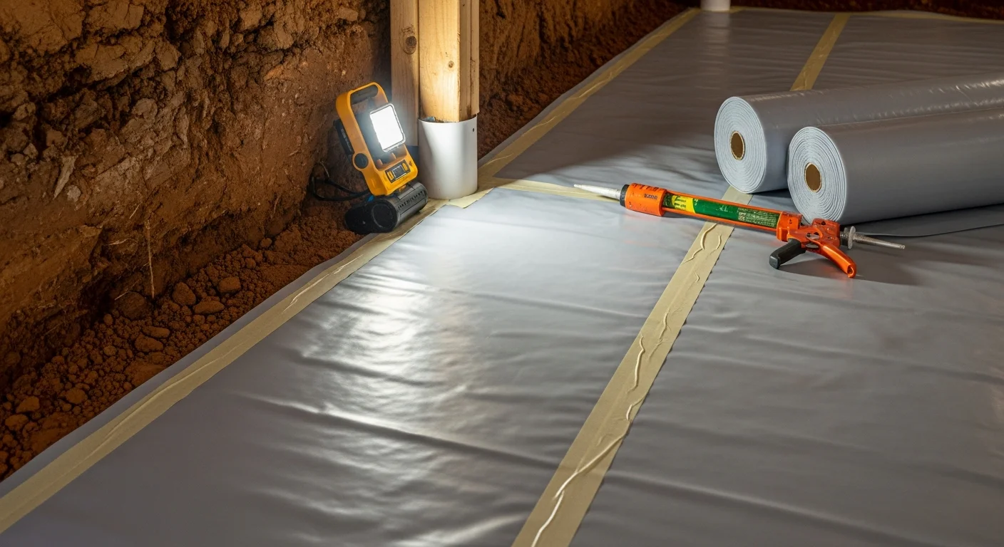 A clean, heavy-duty vapor barrier liner covering the dirt floor and lower foundation walls of a residential crawlspace in Greenville, SC. Sealed seams and wrapped support columns are visible beneath the home's floor joists.