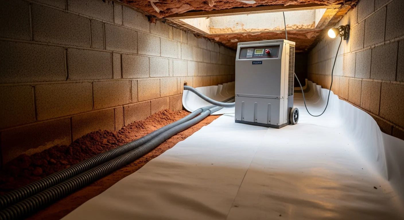 A sealed and waterproofed crawlspace beneath a Greenville, SC home, showing a clean vapor barrier covering the ground and walls with no visible moisture or standing water. The space is dry and clear, reflecting completed crawlspace waterproofing work in the Upstate South Carolina region.