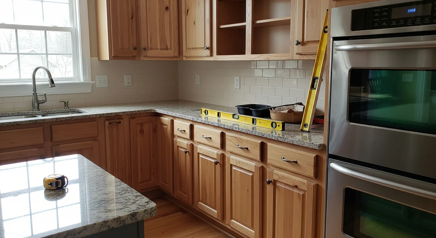 Newly installed custom kitchen cabinets in a Greenville, SC home, showing floor-to-ceiling cabinetry with a clean layout and fitted storage. The finished kitchen reflects a full custom cabinet installation completed by Johnstone Restoration.
