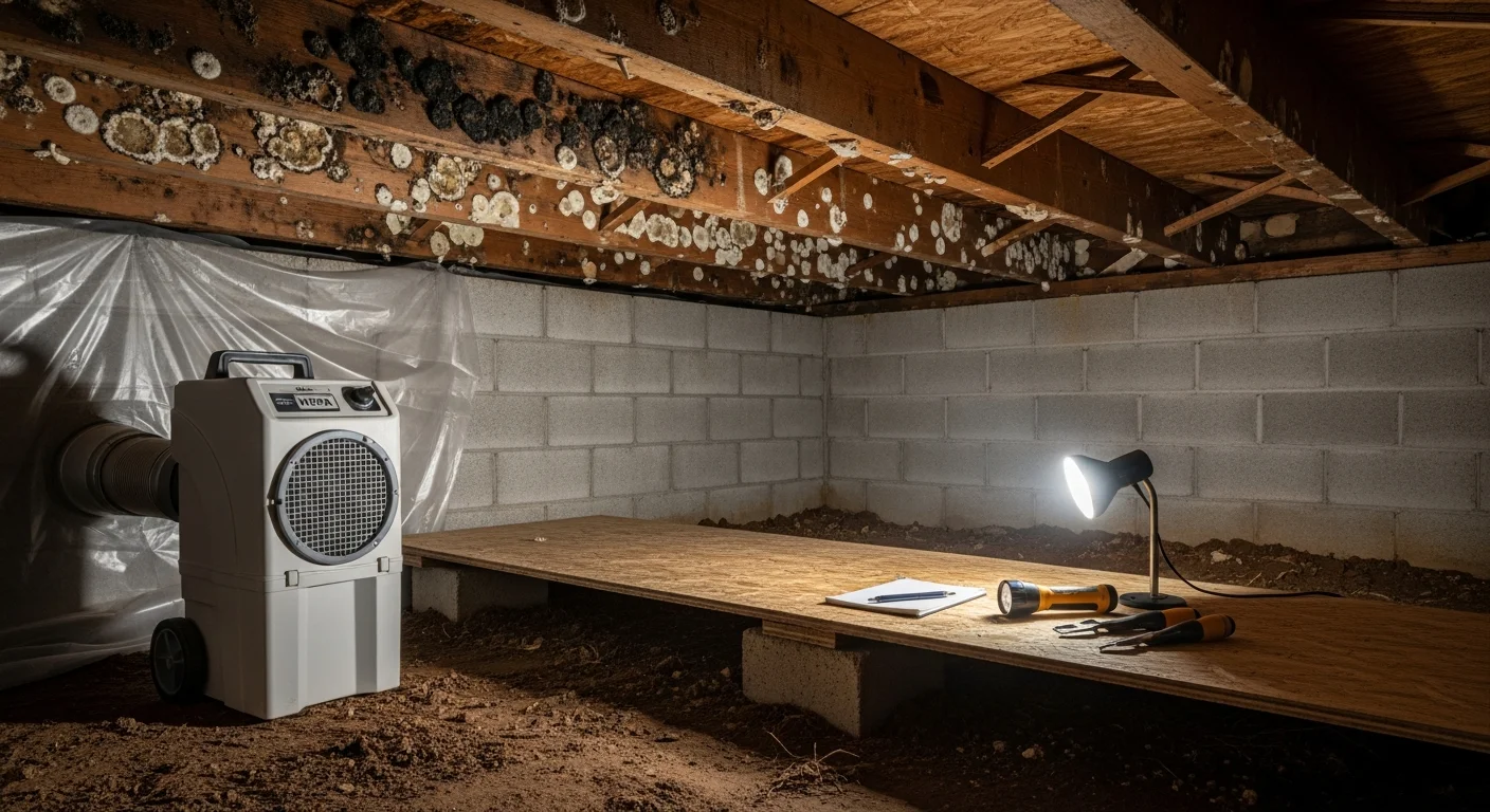 A Johnstone Restoration technician in protective gear removing mold-damaged drywall from a crawl space in a Greenville, SC residential property. Containment barriers and HEPA air filtration equipment are visible in the work area.