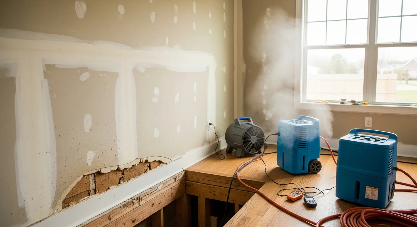 Industrial air movers and dehumidifiers set up in a water-damaged room of a Greenville, SC home, with moisture meter readings being taken on drywall and subfloor materials. Structural drying equipment positioned along baseboards during active water damage restoration.