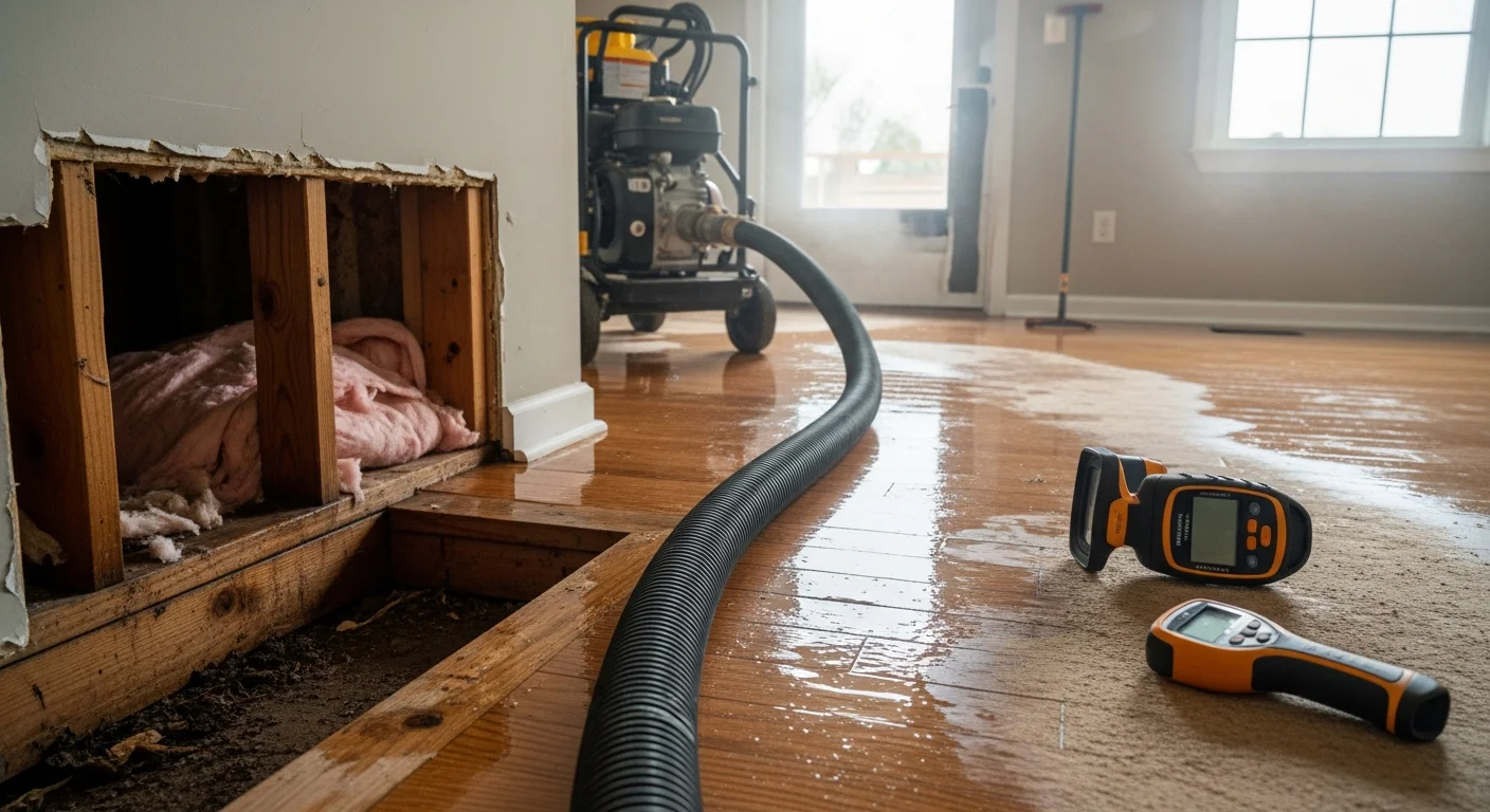 A water extraction technician using a truck-mounted pump unit to remove standing water from the flooded interior of a Greenville, SC home. The image shows wet hardwood flooring and a moisture meter reading being taken near a baseboard.