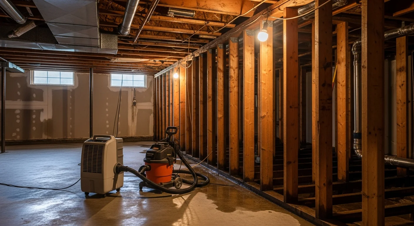 A Johnstone Restoration technician using a moisture meter on water-damaged drywall inside a Greenville, SC home after storm flooding. Industrial air movers and dehumidifiers are visible on the wet floor nearby.
